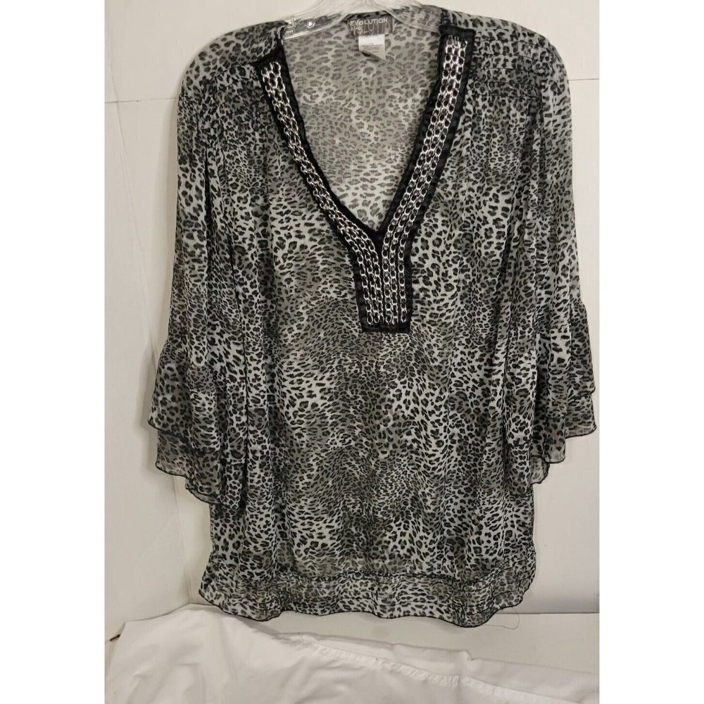 JMS Evolution Women's Top animal print Sheer Chain Neck Banded Hem Plus Size 2X